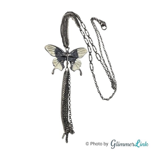 Jewelry - Large Enamel Butterfly Gunmetal Silver Tone Pendant Tassel Necklace
